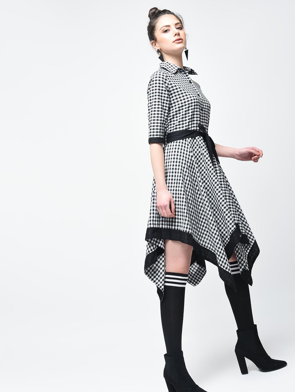 asymmetric tie belted checkered dress - 15894124 - Zoom Image - 3