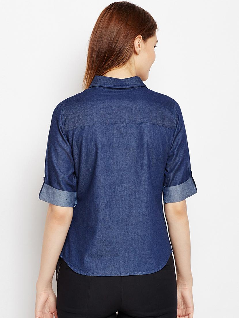 roll up sleeved check print denim shirt - 15897886 - Zoom Image - 3