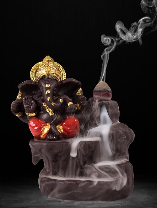 golden peacock red back flow smoke incense burner lord ganesha emblem auspicious and success red polyresin incense holder - 15914531 - Standard Image - 1