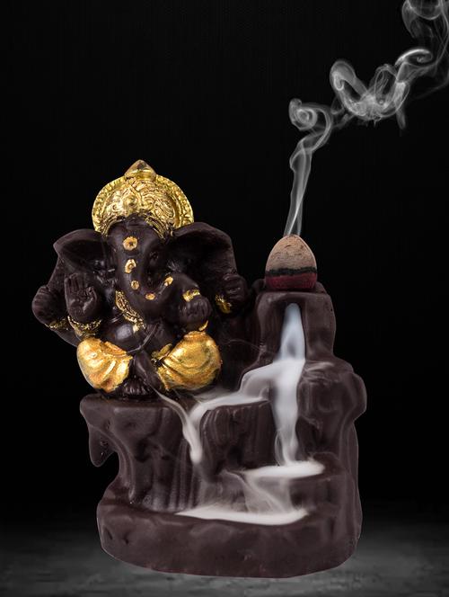 golden peacock gold color back flow smoke incense burner lord ganesha emblem auspicious and success red polyresin incense holder - 15914532 - Standard Image - 1