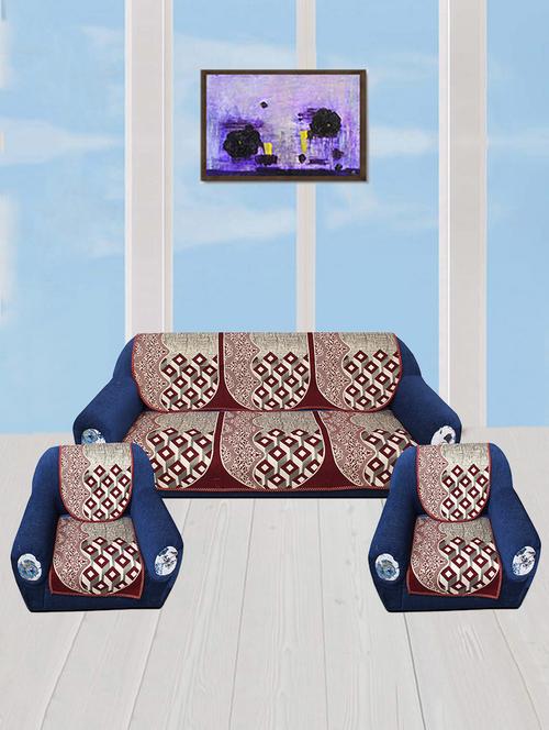 polyester fabric geometric design sofa covers set of 6 seater - black & beige - 15922521 - Standard Image - 1