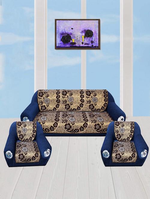 polyester fabric floral design sofa covers set of 6 seater - black & gold - 15922524 - Standard Image - 1