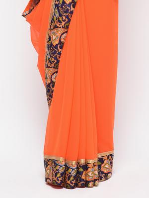 kalamkari border orange saree with blouse - 15924762 - Standard Image - 3