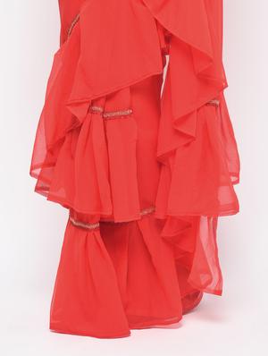 ruffle border red fusion saree with blouse - 15924764 - Standard Image - 3