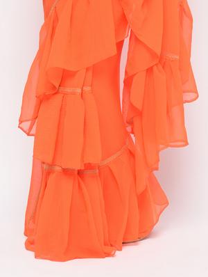 ruffle border orange fusion saree with blouse - 15924766 - Standard Image - 3