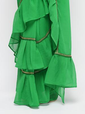 ruffle border green fusion saree with blouse - 15924769 - Standard Image - 3