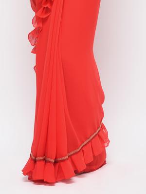 ruffle lace border red saree with blouse - 15924770 - Standard Image - 3