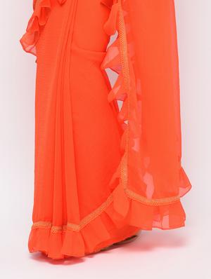 ruffle border orange fusion saree with blouse - 15924772 - Standard Image - 3