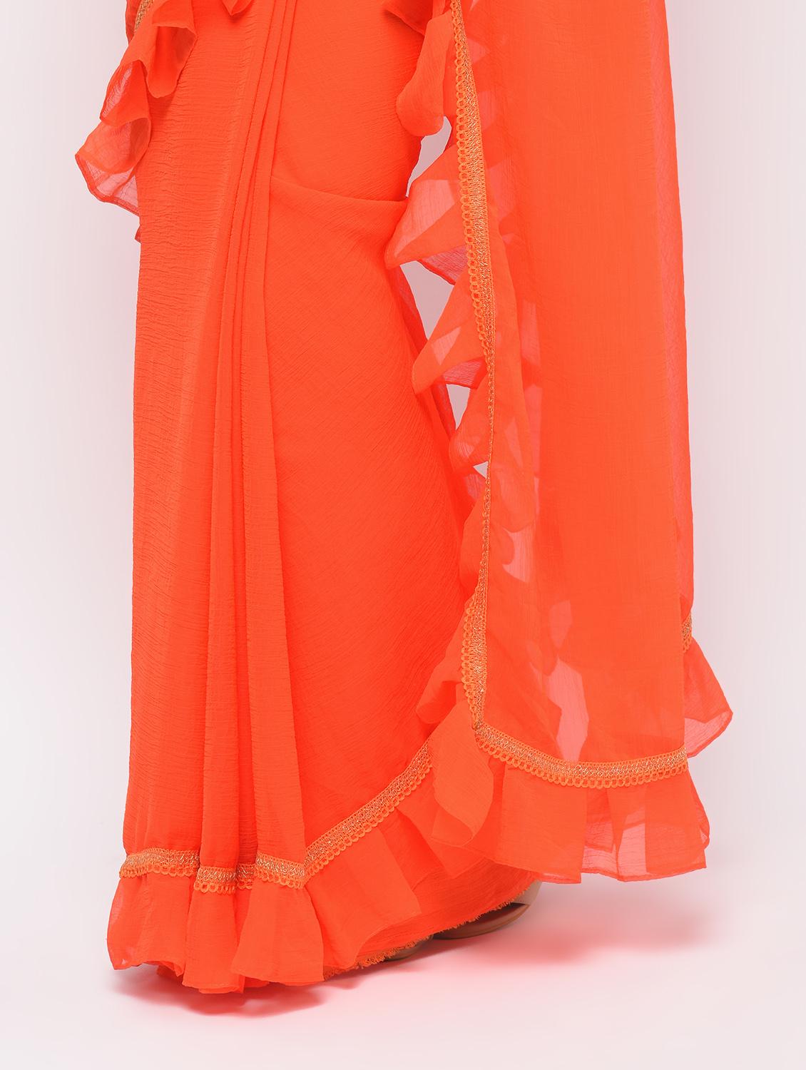 ruffle border orange fusion saree with blouse - 15924772 - Zoom Image - 3