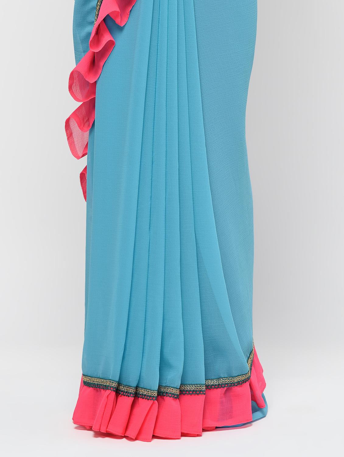contrast ruffle border sky blue saree with blouse - 15924777 - Zoom Image - 3