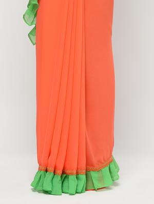 contrast ruffle border orange saree with blouse - 15924779 - Standard Image - 3