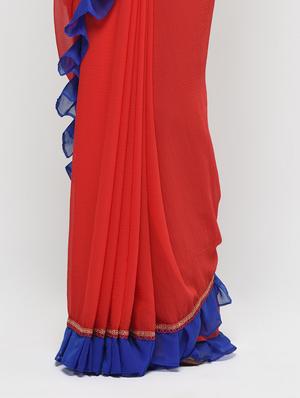 ruffle border red fusion saree with blouse - 15924780 - Standard Image - 3