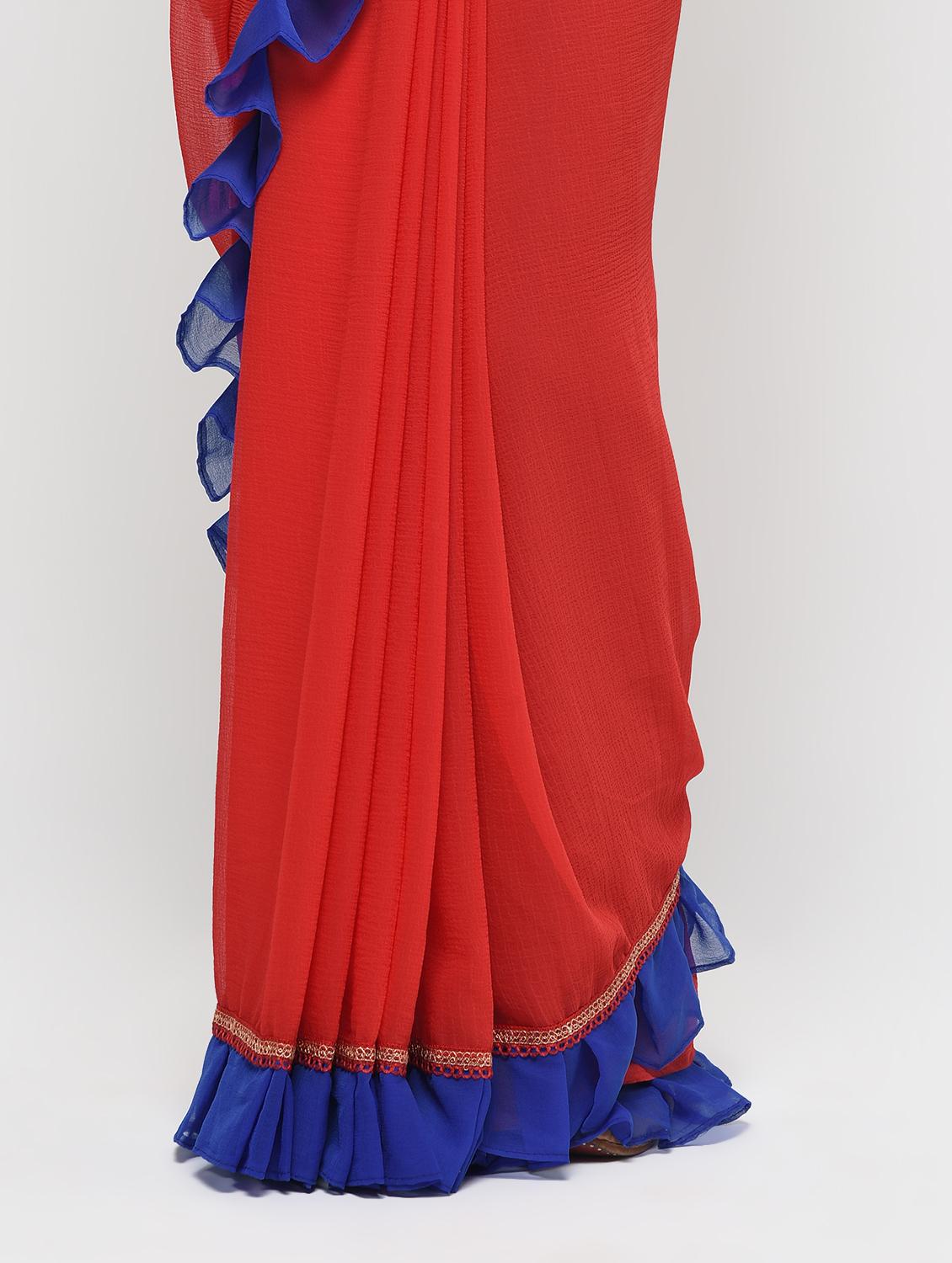 ruffle border red fusion saree with blouse - 15924780 - Zoom Image - 3