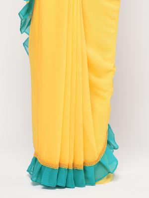 ruffle border yellow fusion saree with blouse - 15924781 - Standard Image - 3