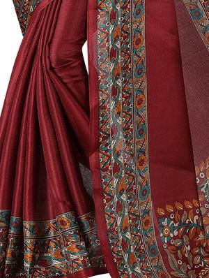 kalamkari border maroon printed saree with blouse - 15927043 - Standard Image - 3