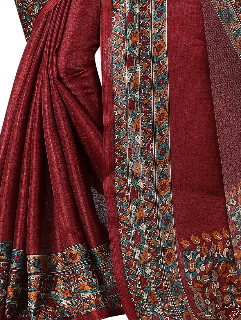 kalamkari border maroon printed saree with blouse - 15927043 - Zoom Image - 3