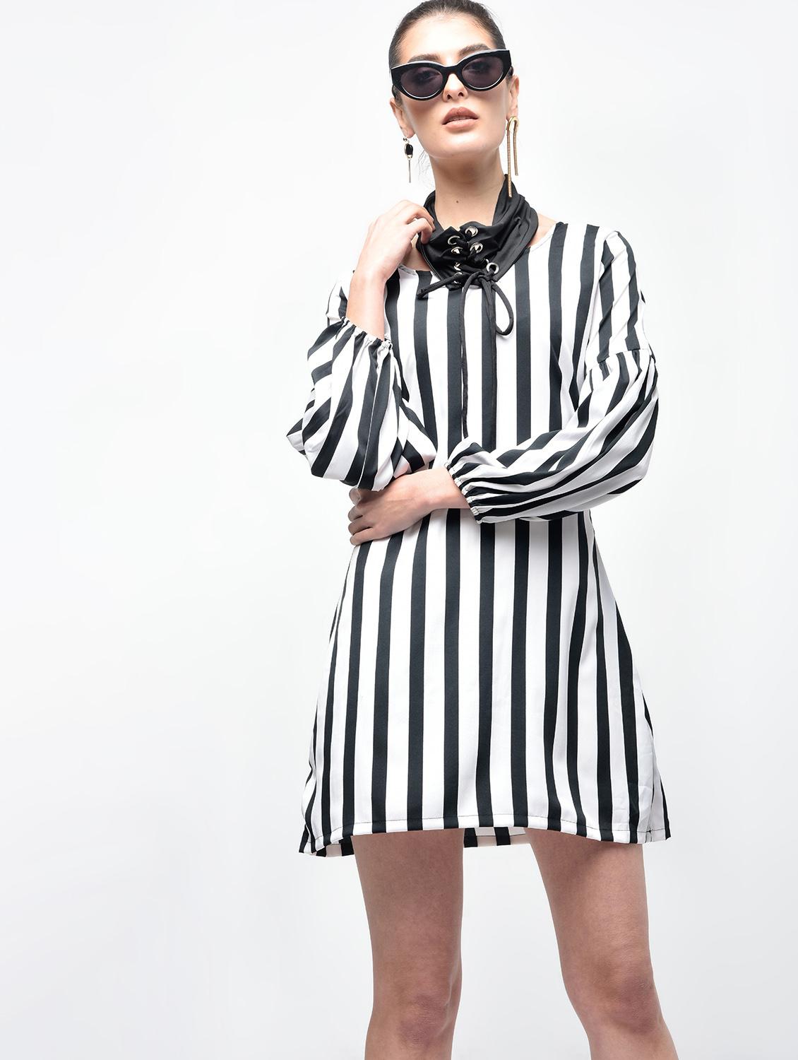 eyelet lace up striped a-line dress - 15930126 - Zoom Image - 3