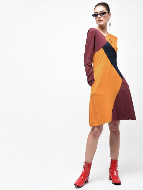 color block gather detail a-line dress - 15930127 - Standard Image - 1