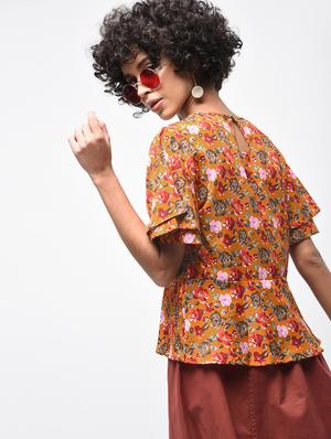 gathered floral flared sleeved top - 15936492 - Standard Image - 3