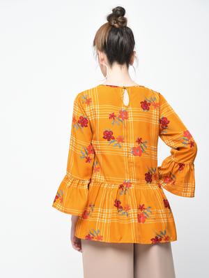 bell sleeved checkered floral top - 15936503 - Standard Image - 3