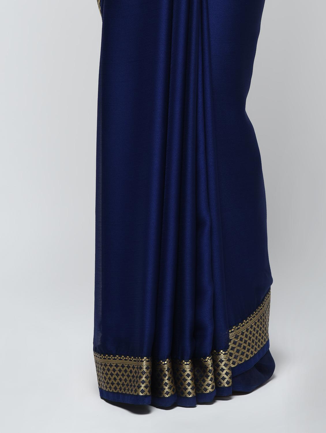 zari border navy blue saree with blouse - 15940658 - Zoom Image - 3