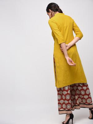 Mustard solid straight kurta - 15941753 - Standard Image - 3