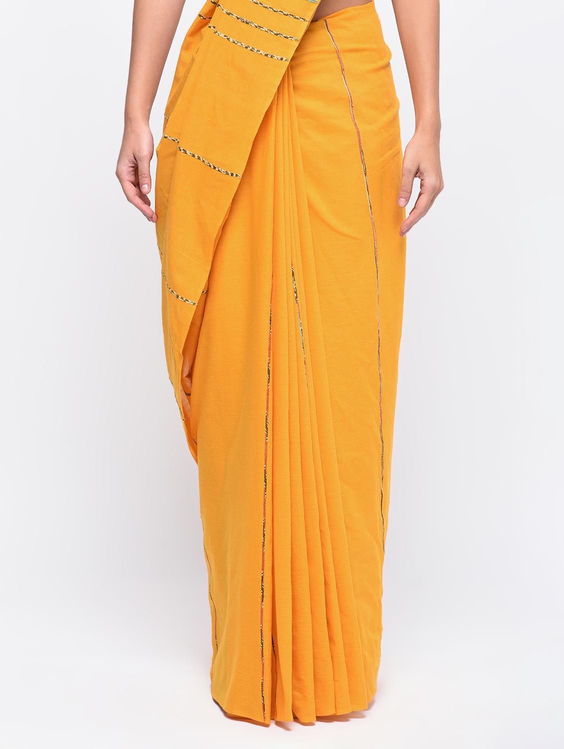 striped pallu mustard handloom saree with blouse - 15942004 - Zoom Image - 3