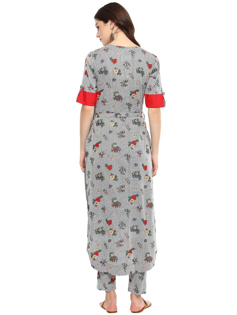 Stripes & floral high-low kurta with pant set - 15965382 - Zoom Image - 3
