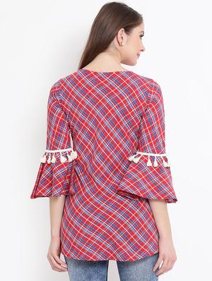 tasseled lace bell sleeved checkered tunic - 15966159 - Standard Image - 3