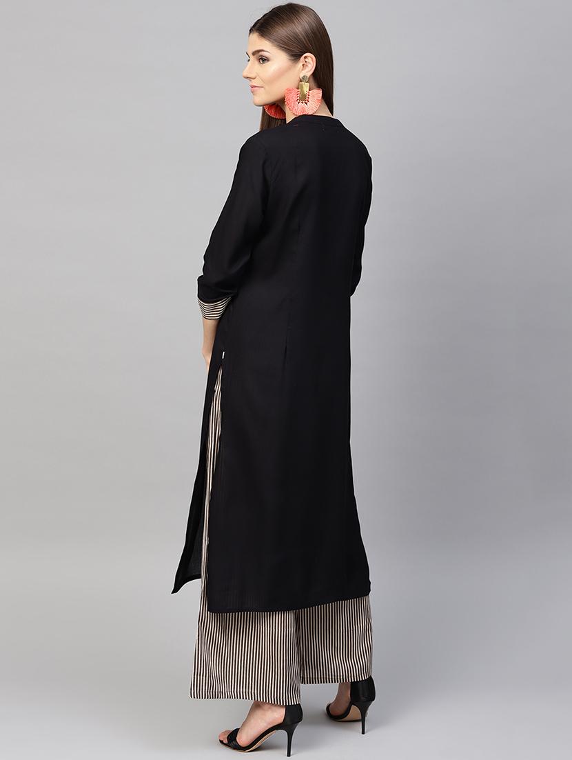 embroidered patch work kurta with stripes palazzo set - 15967584 - Zoom Image - 3
