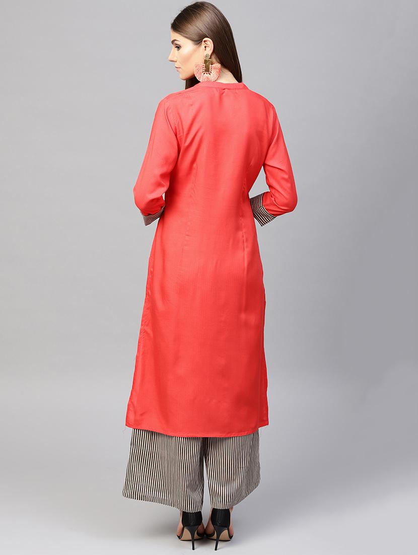 embroidered patch work kurta with stripes palazzo set - 15967585 - Zoom Image - 3