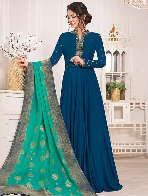 embroidered semi-stitched flared suit - 15983571 - Very Small Image - 1