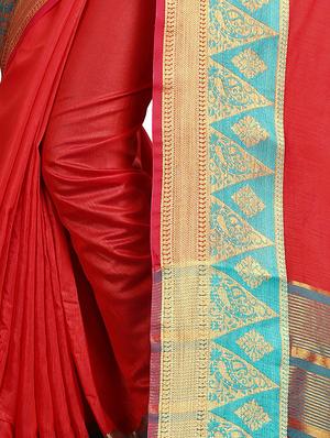 contrast zari border red woven saree with blouse - 15997139 - Standard Image - 3