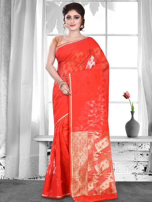 zari border red jamdani saree - 16003182 - Standard Image - 1