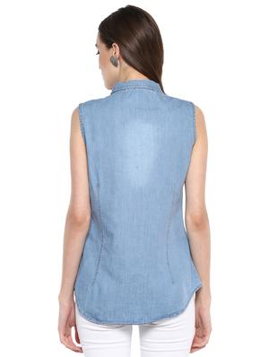 curved hem sleeveless denim shirt - 16009106 - Standard Image - 3
