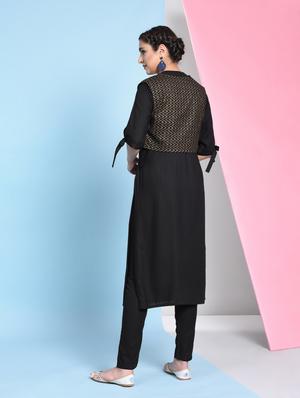 solid straight kurta with chevron jacket - 16012139 - Standard Image - 3