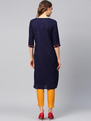 Indigo Embroidered Kurta With Solid Cigarette Pant - 16017160 - Standard Image - 3