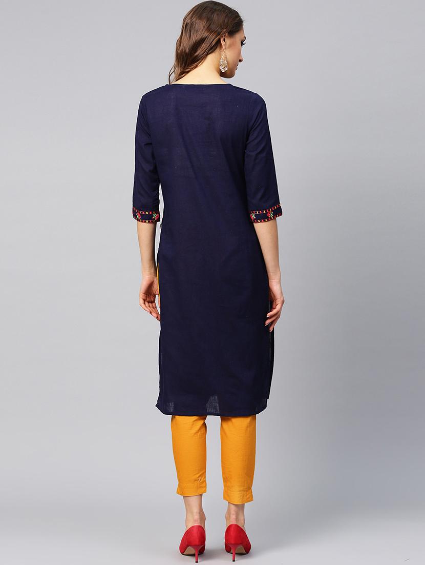 Indigo Embroidered Kurta With Solid Cigarette Pant - 16017160 - Zoom Image - 3
