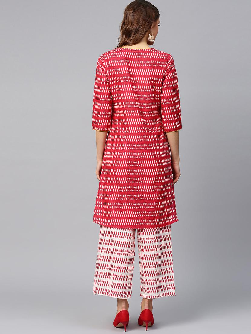 Ikat Print Straight Kurta With Ikat Print Wide-Leg Palazzo - 16017163 - Zoom Image - 3