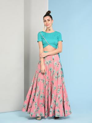 Contrast piping top with floral flared skirt set - 16049442 - Standard Image - 3