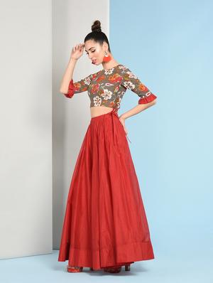 Ruffles sleeved floral top with solid flared skirt set - 16049448 - Standard Image - 3