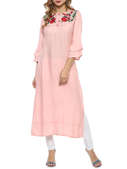embroidered yoke bell sleeve straight kurta - 16058376 - Very Small Image - 1