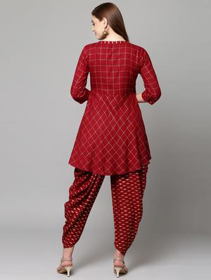 Foil print checks angrakha kurta with salwar set - 16059086 - Standard Image - 3