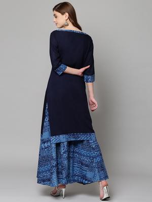 solid kurta with printed flared palazzo set - 16059087 - Standard Image - 3
