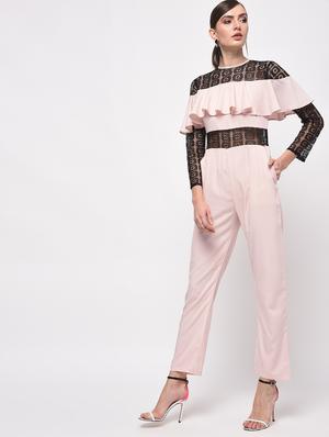 contrast lace ruffled full leg jumpsuit - 16059480 - Standard Image - 3