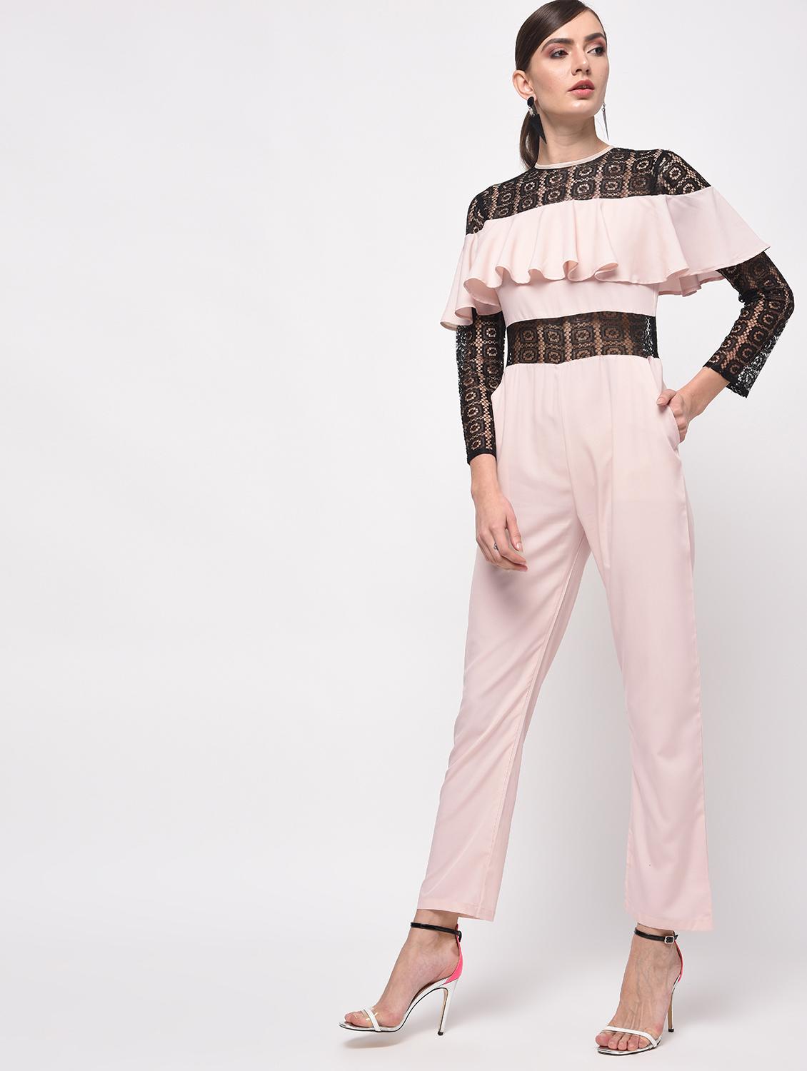 contrast lace ruffled full leg jumpsuit - 16059480 - Zoom Image - 3
