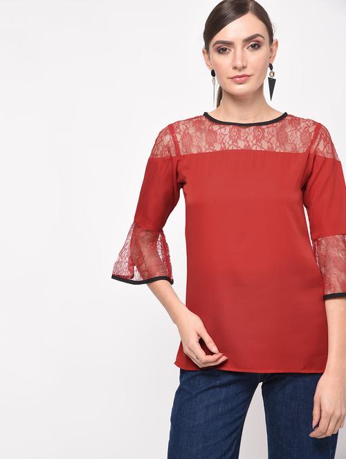 contrast piped floral lace panel top - 16059491 - Standard Image - 1