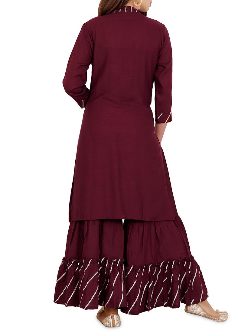 gota work solid kurta with ruffled palazzo set - 16065380 - Zoom Image - 3
