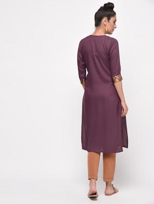purple solid straight kurta - 16067317 - Standard Image - 3