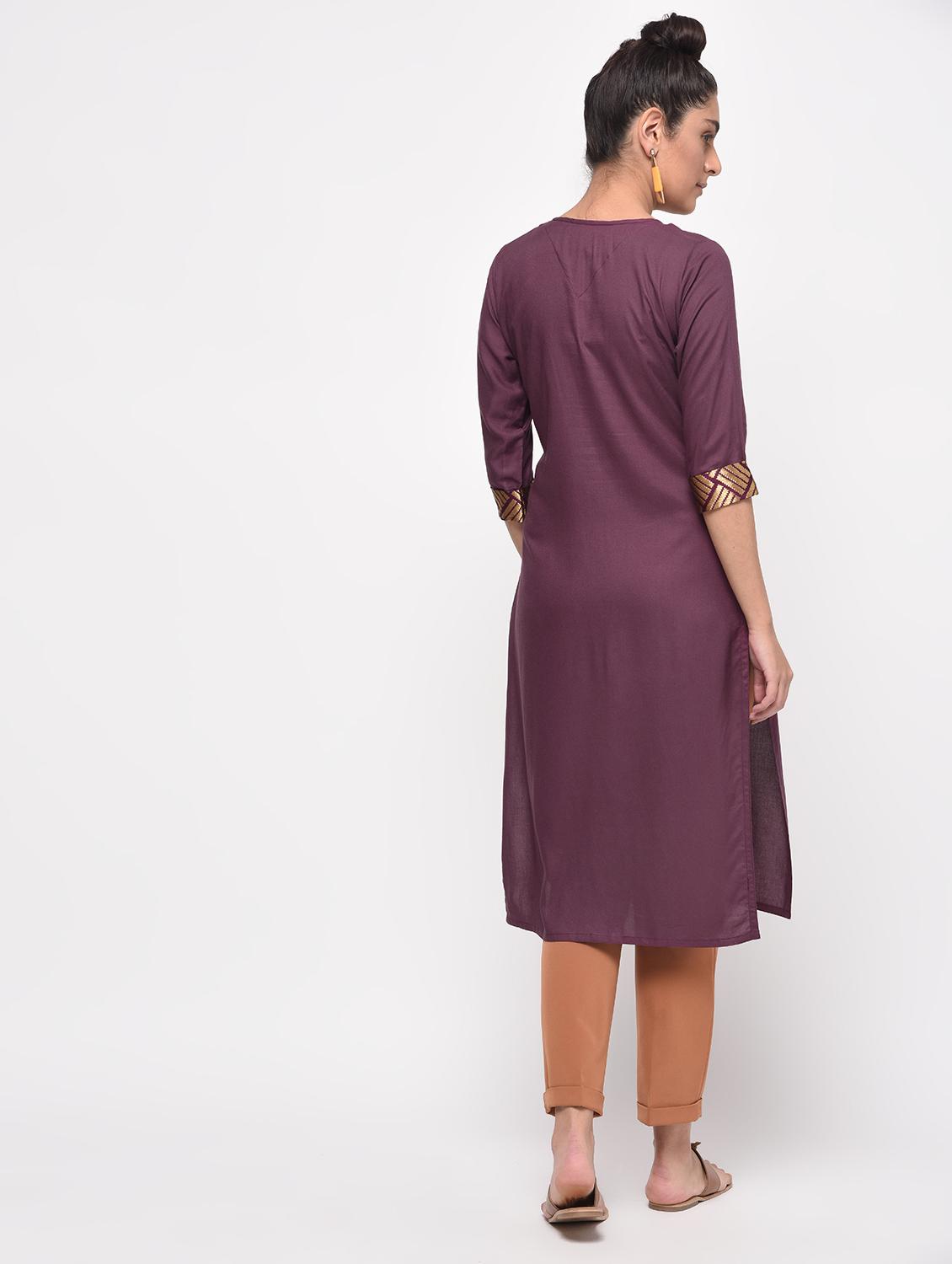 purple solid straight kurta - 16067317 - Zoom Image - 3